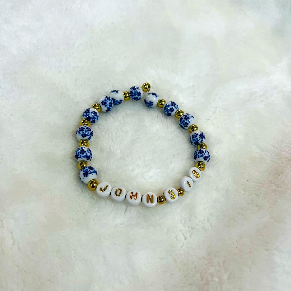 🤍John 3:16 Blue and Gold Beaded Bracelet